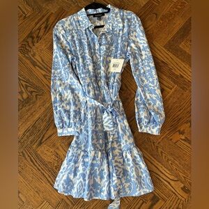 NWT Ellen Tracy Blue and White Patterned Dress with Sash